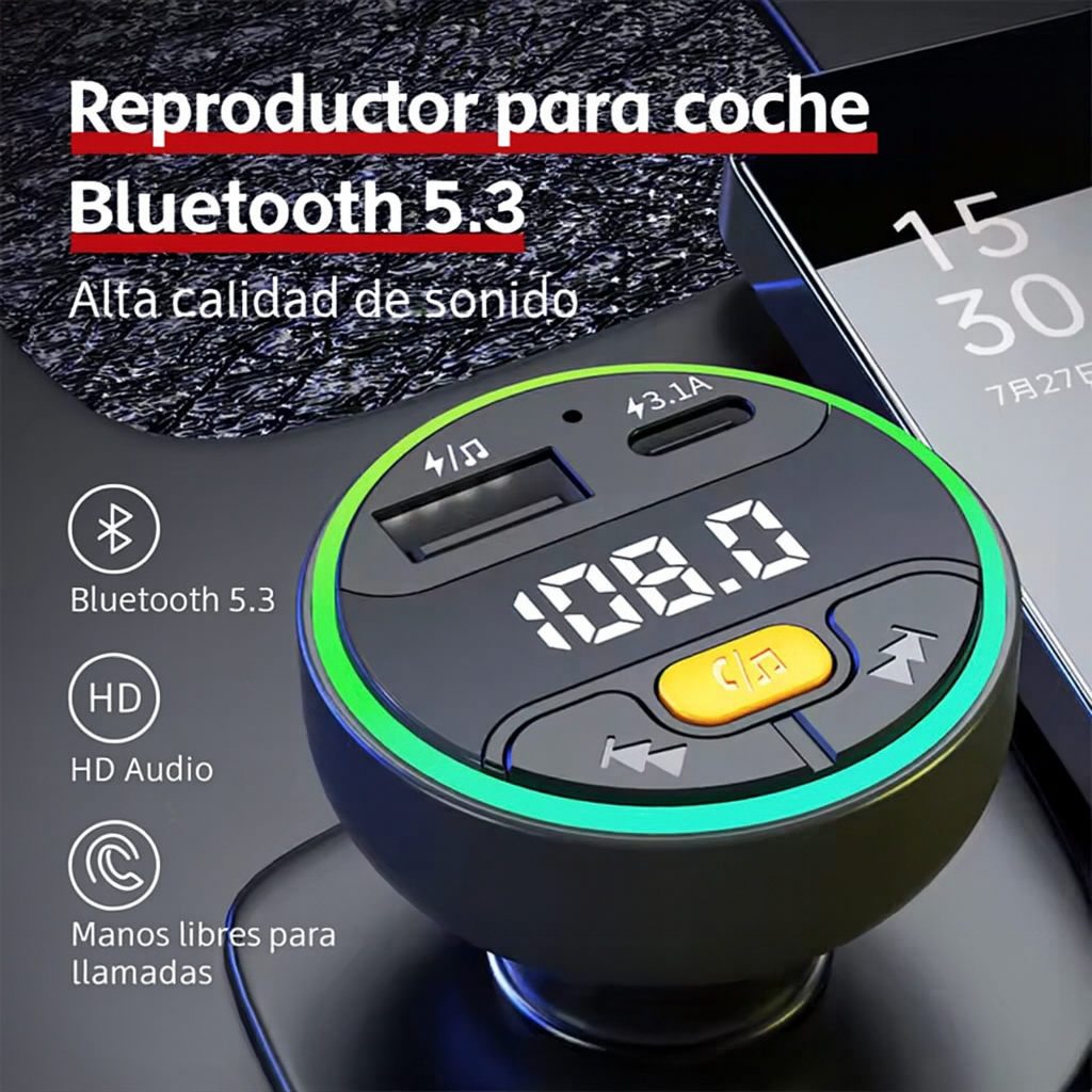 Transmisor FM Bluetooth 5.3 para Coche – Cargador USB C + Kit Manos Libres  y Reproductor MP3