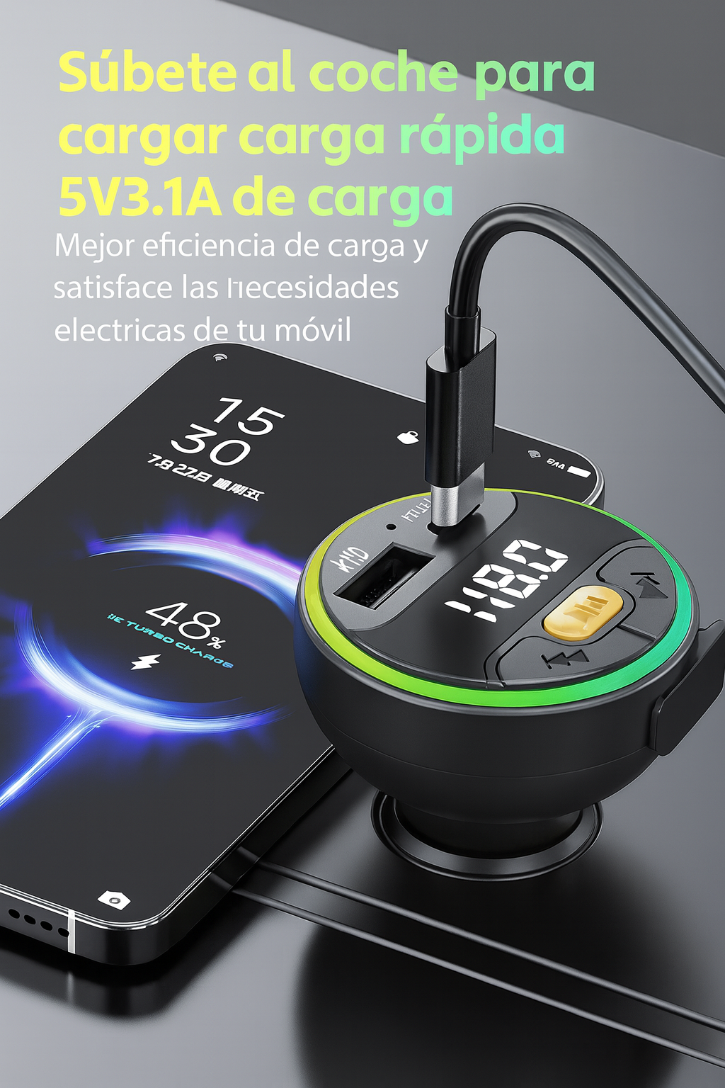 Transmisor FM Bluetooth 5.3 para Coche – Cargador USB C + Kit Manos Libres  y Reproductor MP3