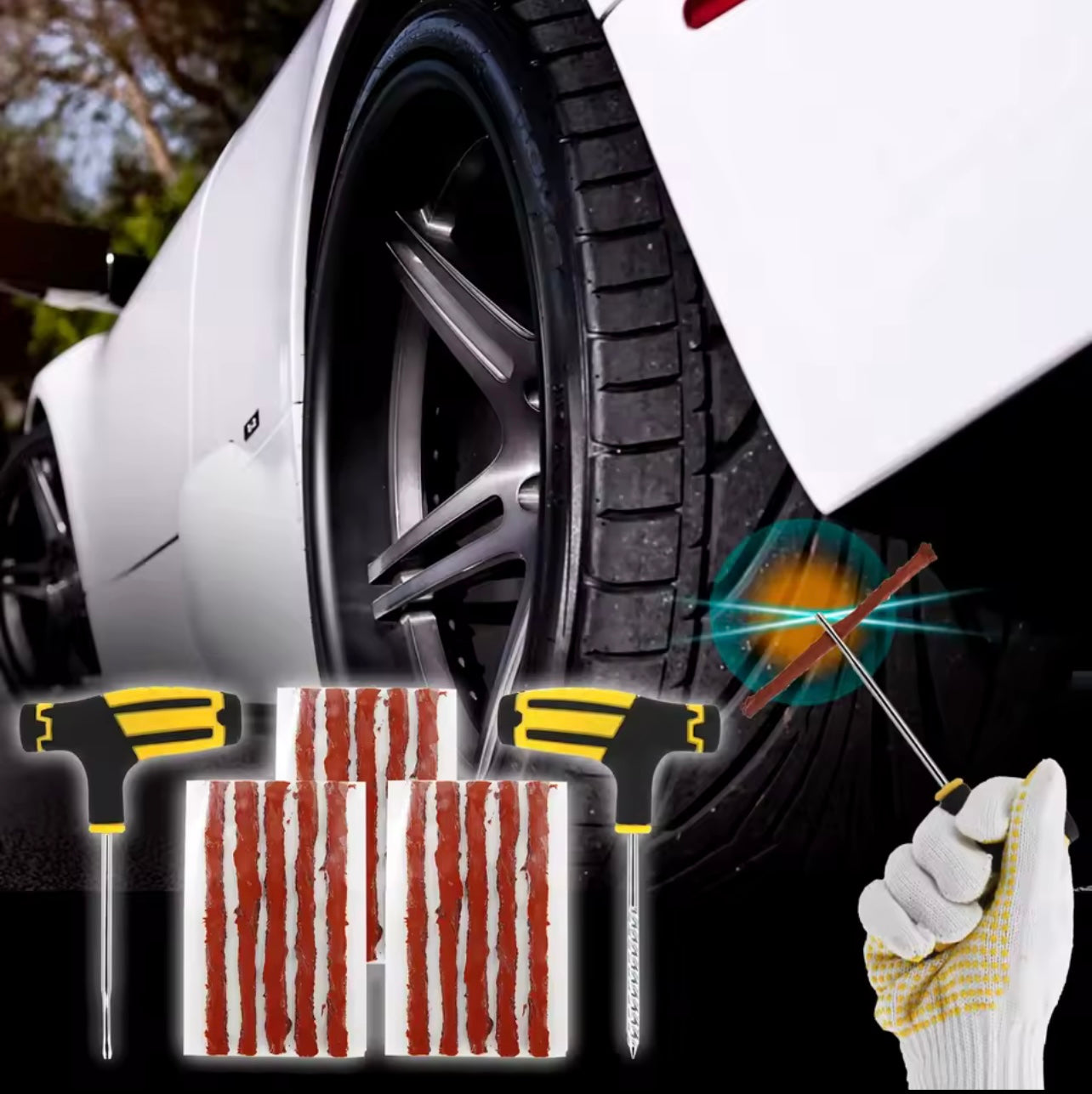 Kit de Reparación de Neumáticos para Coche y Moto – Juego Completo con Estuche EVA y Herramientas Profesionales