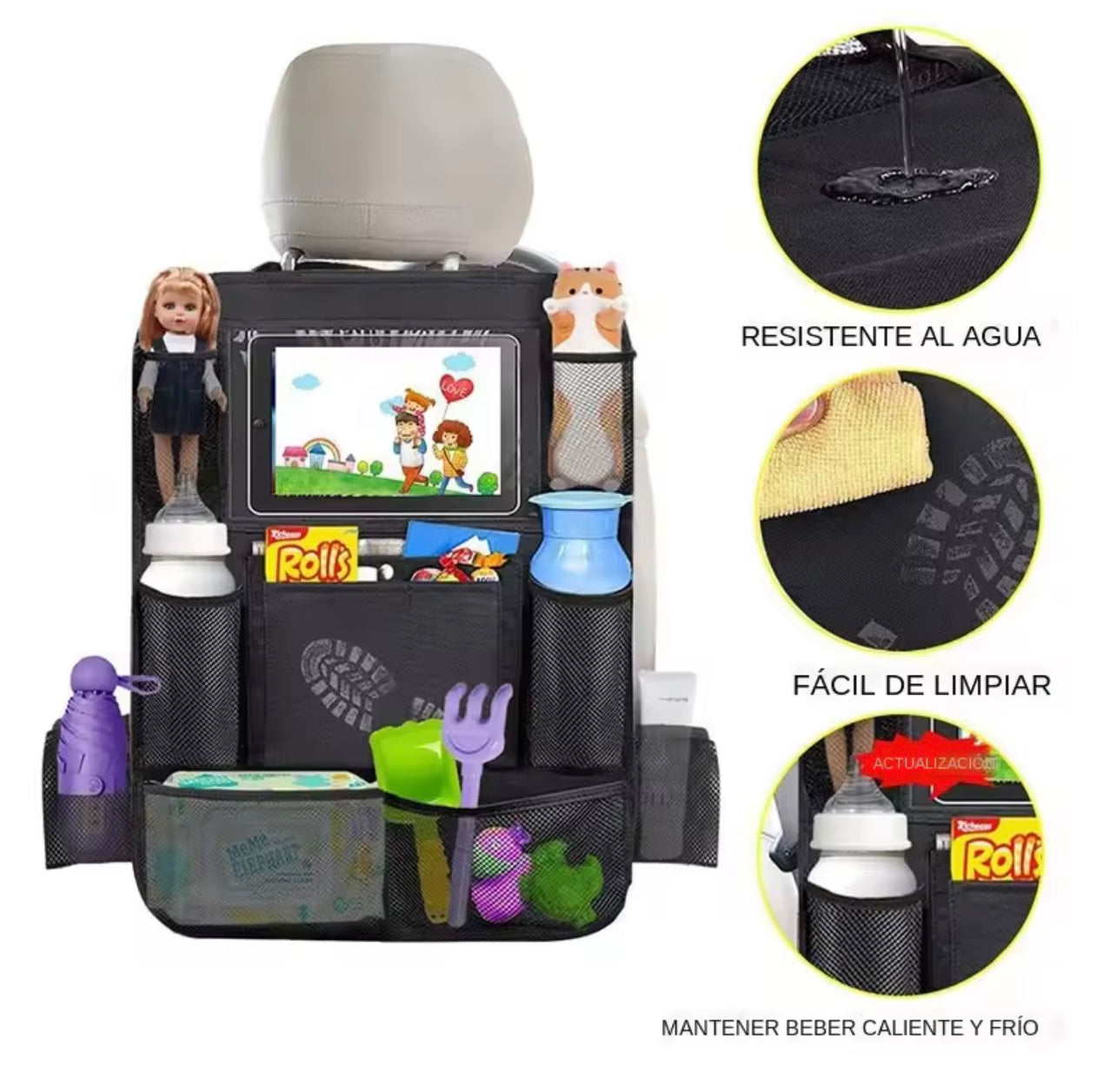 Organizador de Asiento Trasero para Coche con Soporte para Tableta y Bolsillos de Almacenamiento – Protector de Asiento Impermeable y Multifuncional