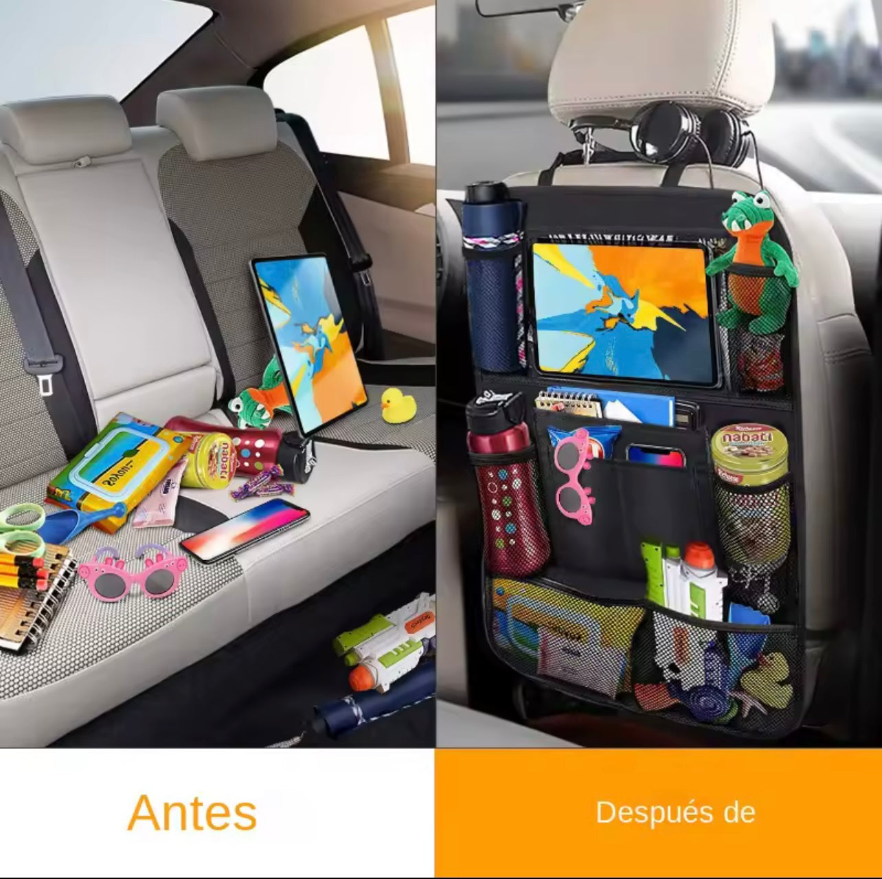 Organizador de Asiento Trasero para Coche con Soporte para Tableta y Bolsillos de Almacenamiento – Protector de Asiento Impermeable y Multifuncional
