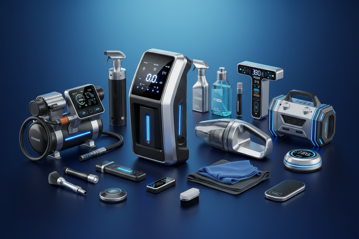 me gusta pero me gustaria que salgan arrancadores de bateria compresores accesorios de limpieza con un fondo azul 